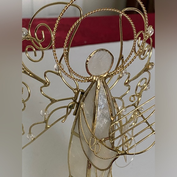 Vintage Capiz Shell Christmas Angel with Wings Playing Harp Gold Metal Crystals - Picture 9 of 16